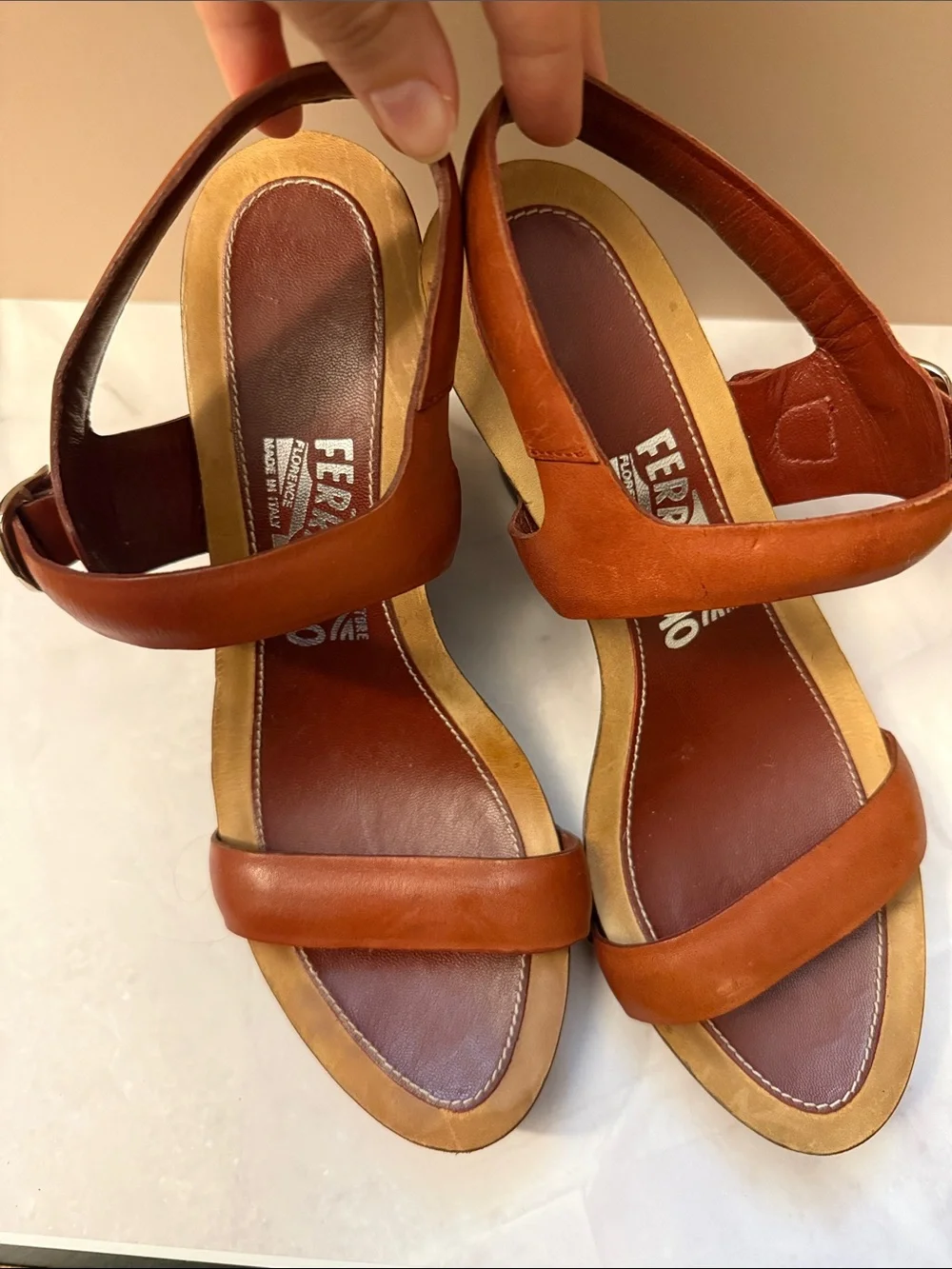 Salvatore Ferragamo Cognac Leather Slingback Sandals